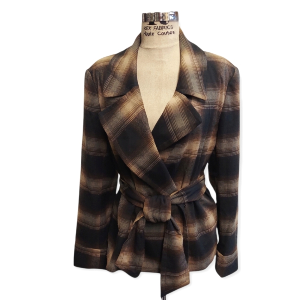 Worthington Stretch Brown Plaid Jacket Wide Belt Tie Sz 12 EUC